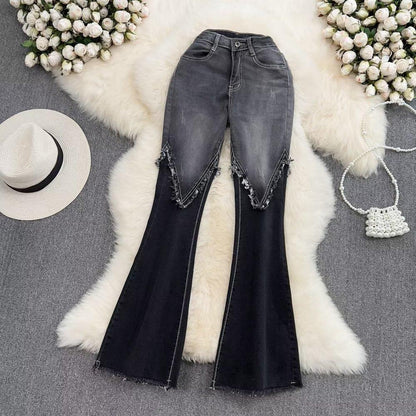 Color Matching Fashionable Elegant Bell-bottom Pants Jeans High Waist Slim Fit Slimming