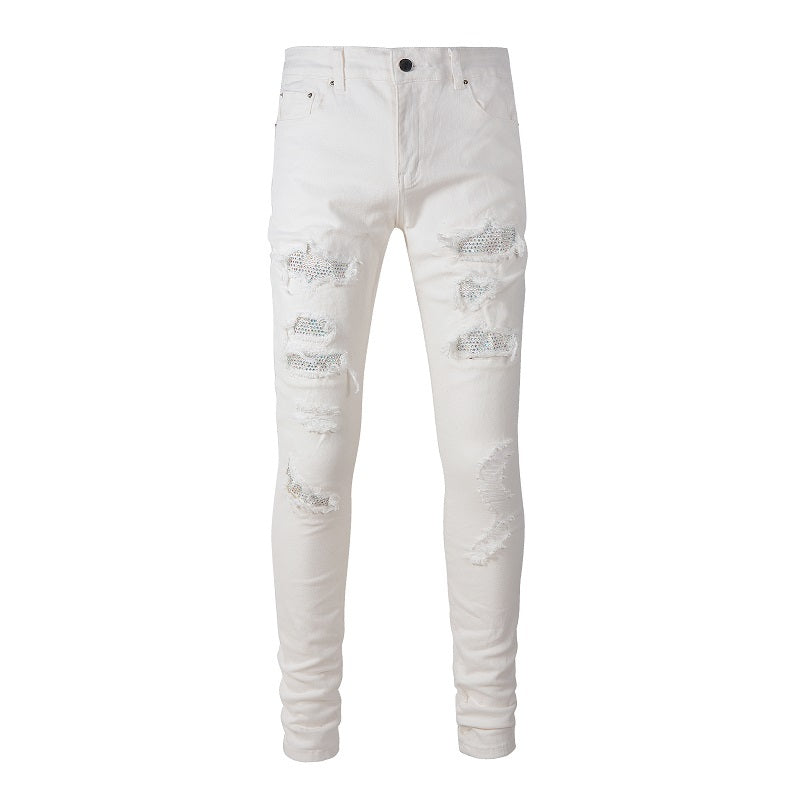 Hot Drill Patch Hole White Slim-fit Pants Male