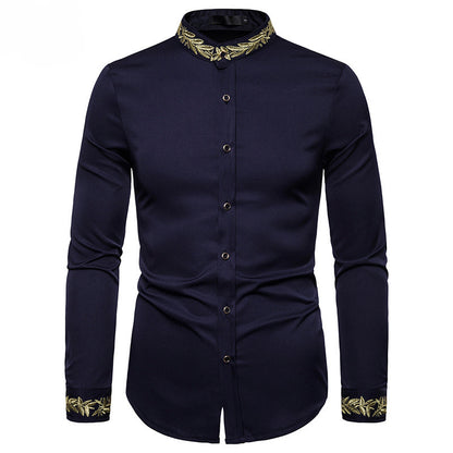 Gold Embroidery White Shirt Men Brand New Stand Collar Mens Dress Shirts Casual Slim Long Sleeve Chemise Homme Camisa Masculina