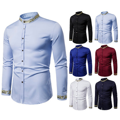 Gold Embroidery White Shirt Men Brand New Stand Collar Mens Dress Shirts Casual Slim Long Sleeve Chemise Homme Camisa Masculina