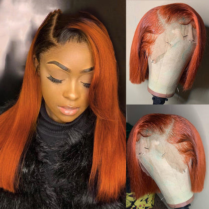 Gradient Color Short Bob Wig Orange Lace Front Human Hair Wig