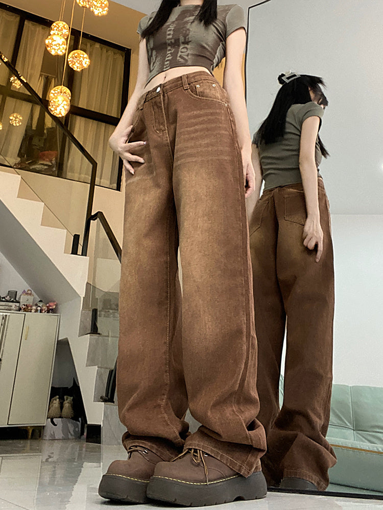 Brown Coffee Color Jeans Women's Straight Loose Wide-leg Pants