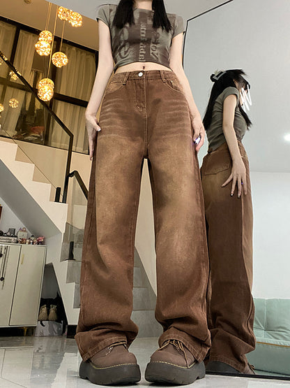 Brown Coffee Color Jeans Women's Straight Loose Wide-leg Pants