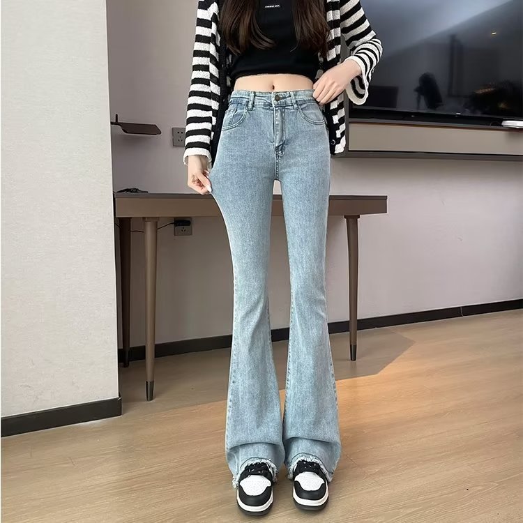 Color Matching Fashionable Elegant Bell-bottom Pants Jeans High Waist Slim Fit Slimming