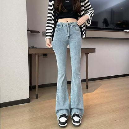 Color Matching Fashionable Elegant Bell-bottom Pants Jeans High Waist Slim Fit Slimming