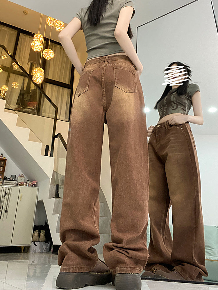 Brown Coffee Color Jeans Women's Straight Loose Wide-leg Pants