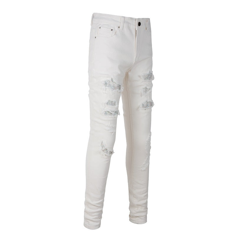 Hot Drill Patch Hole White Slim-fit Pants Male