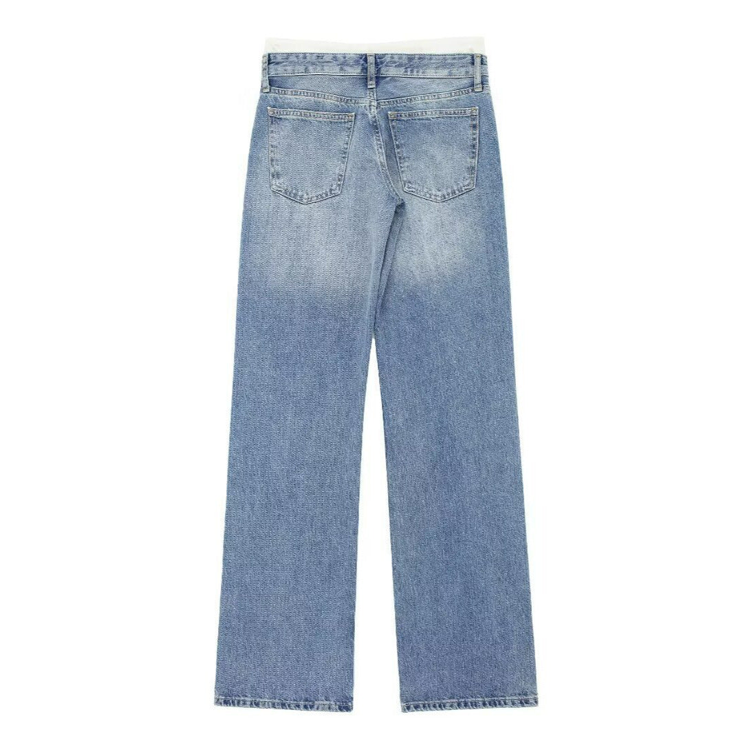 Women's Mid-waist Stitching Wide-leg Jeans