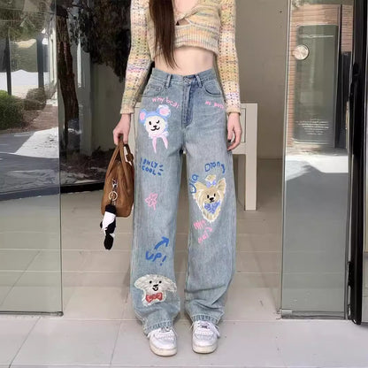 Graffiti Printing Women's High Waist Loose Straight Wide Leg Jeans