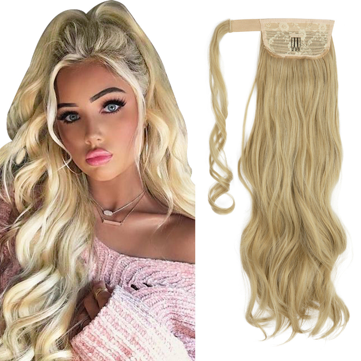 European And American Style Wig Ponytail Women's Long Curly Hair Elastic Velcro Wave Realistic Ponytail Braid