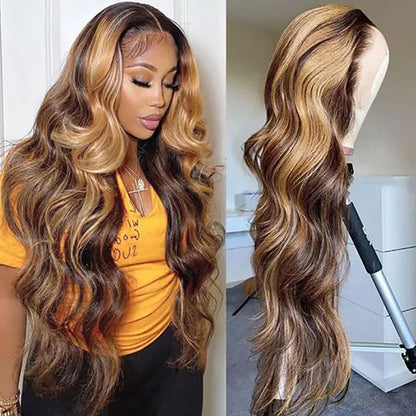 Body Wave Highlight Wig Human Hair Ombre Honey Blonde P4/27 Wig 13x4 Transparent Lace Front Wigs Human Hair 3-5 Days Delivery