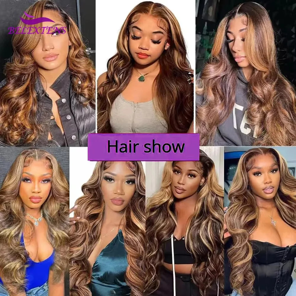 Body Wave Highlight Wig Human Hair Ombre Honey Blonde P4/27 Wig 13x4 Transparent Lace Front Wigs Human Hair 3-5 Days Delivery