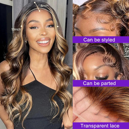 Body Wave Highlight Wig Human Hair Ombre Honey Blonde P4/27 Wig 13x4 Transparent Lace Front Wigs Human Hair 3-5 Days Delivery