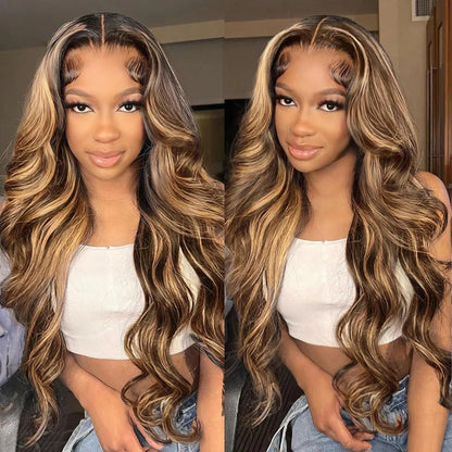 Body Wave Highlight Wig Human Hair Ombre Honey Blonde P4/27 Wig 13x4 Transparent Lace Front Wigs Human Hair 3-5 Days Delivery