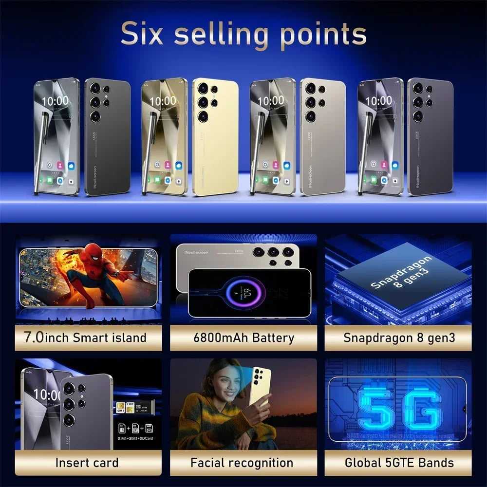 New High-end Original S24 Ultra Smartphone 7.0 HD 5G 16G+1T Android 14 Cell Phone Dual Sim Face Unlocked Mobile Phone Cellphones