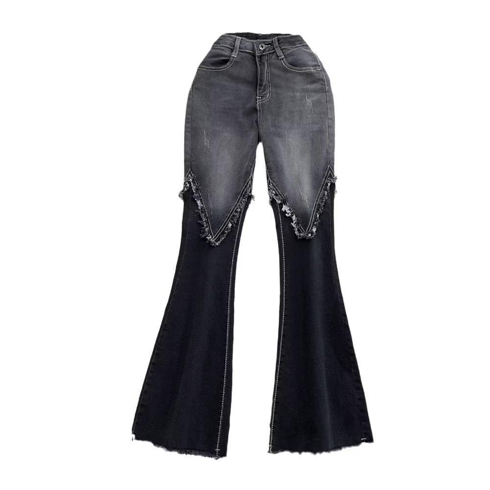 Color Matching Fashionable Elegant Bell-bottom Pants Jeans High Waist Slim Fit Slimming