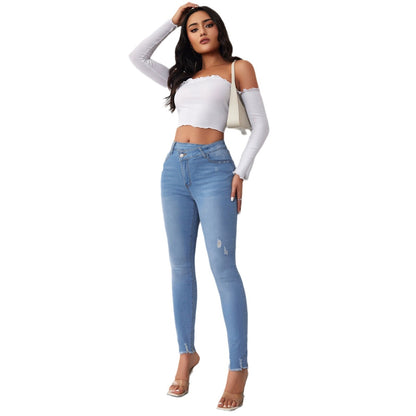 Women's Stretchy High Waist Slimming Raw Edge Denim Trousers