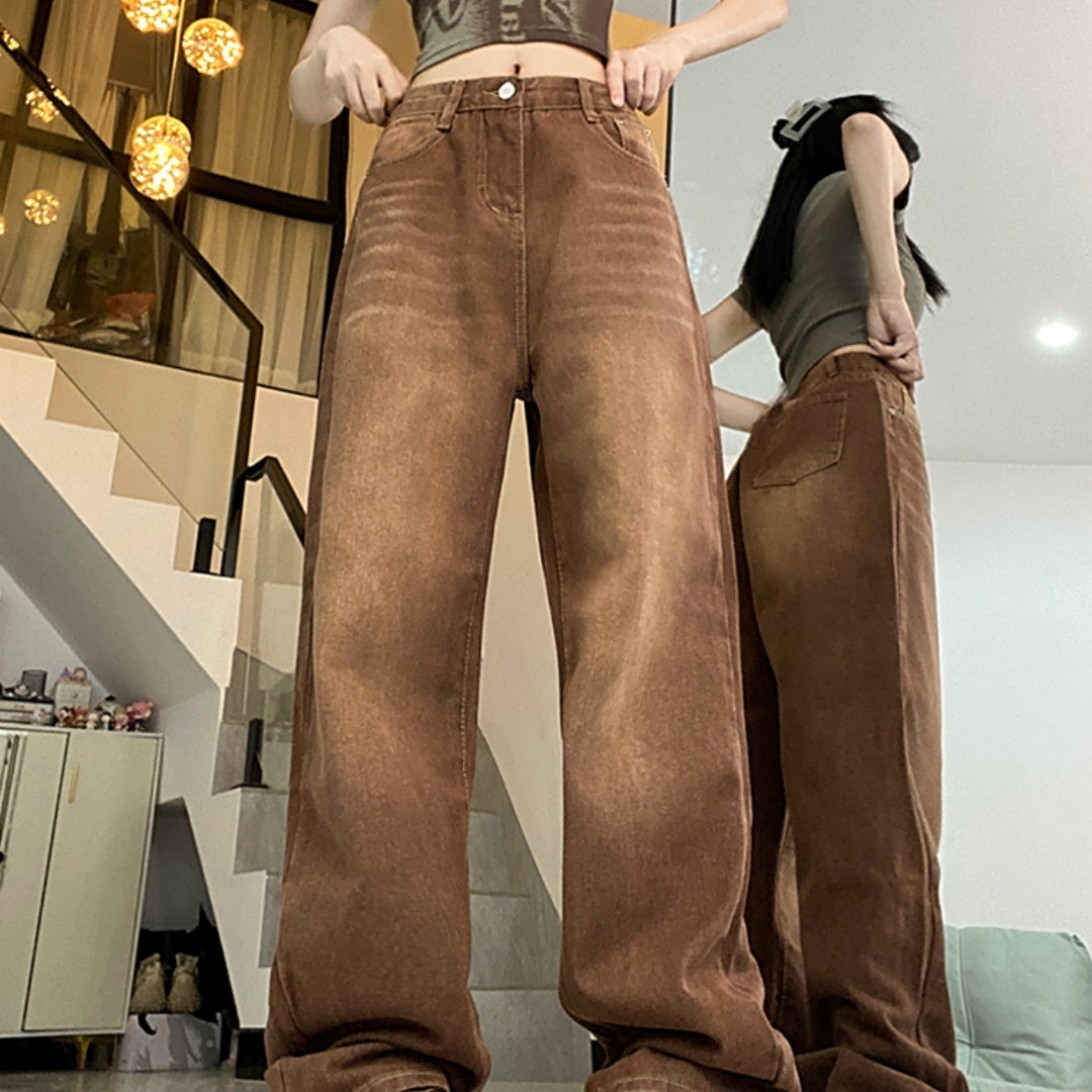 Brown Coffee Color Jeans Women's Straight Loose Wide-leg Pants