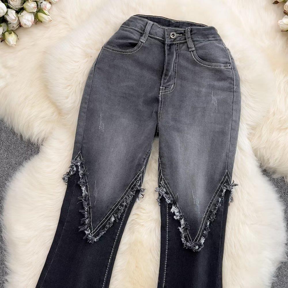 Color Matching Fashionable Elegant Bell-bottom Pants Jeans High Waist Slim Fit Slimming