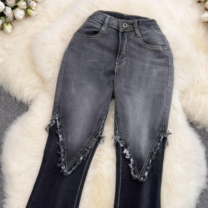 Color Matching Fashionable Elegant Bell-bottom Pants Jeans High Waist Slim Fit Slimming