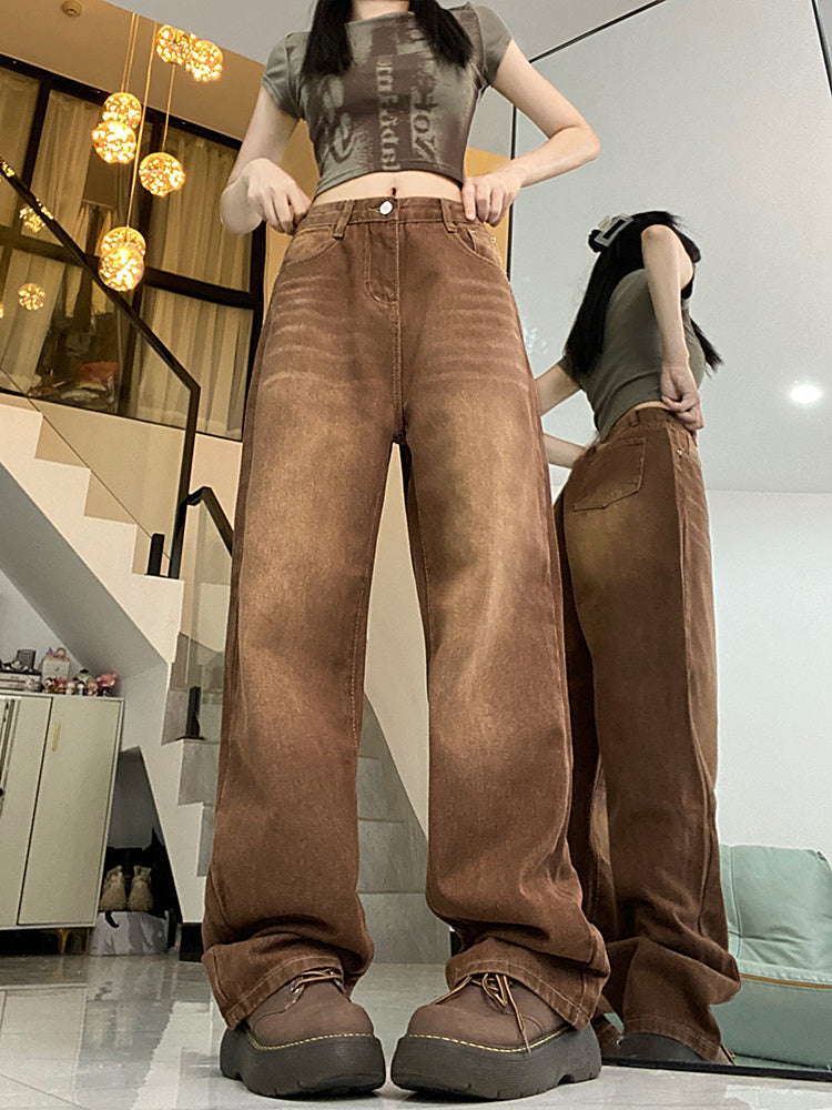 Brown Coffee Color Jeans Women's Straight Loose Wide-leg Pants