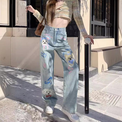 Graffiti Printing Women's High Waist Loose Straight Wide Leg Jeans